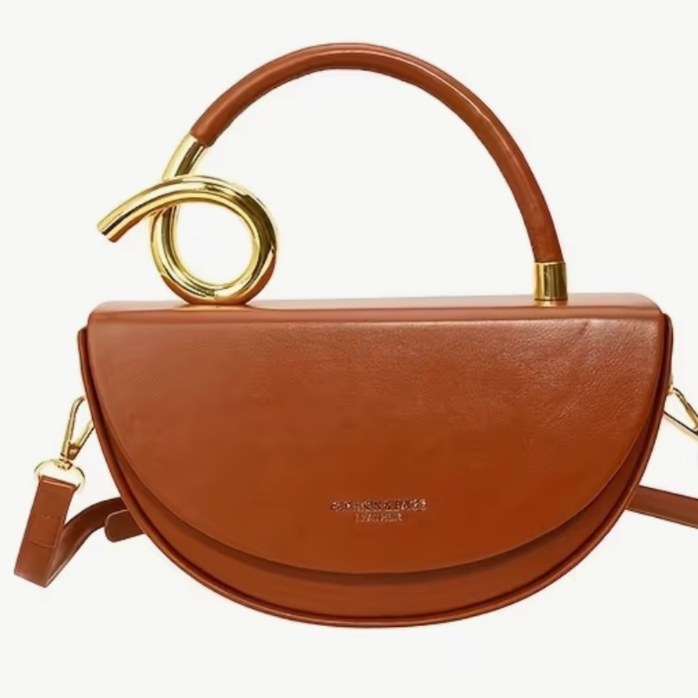 Brown Leather Handbag with Gold Handle